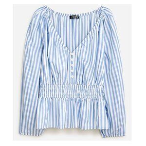NWT J.Crew V-neck smocked-waist blue stripe cotton long-sleeve top Size L